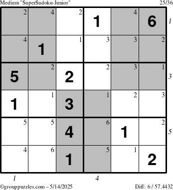 The grouppuzzles.com Medium SuperSudoku-Junior puzzle for Wednesday May 14, 2025 with all 6 steps marked