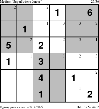 The grouppuzzles.com Medium SuperSudoku-Junior puzzle for Wednesday May 14, 2025 with the first 3 steps marked