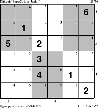 The grouppuzzles.com Difficult SuperSudoku-Junior puzzle for Wednesday May 14, 2025, suitable for printing, with all 6 steps marked