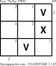 The grouppuzzles.com Easy TicTac-VWX puzzle for Wednesday May 14, 2025 with all 2 steps marked