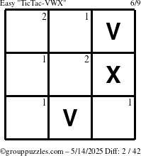 The grouppuzzles.com Easy TicTac-VWX puzzle for Wednesday May 14, 2025 with the first 2 steps marked