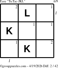 The grouppuzzles.com Easy TicTac-JKL puzzle for Sunday April 19, 2026 with all 2 steps marked