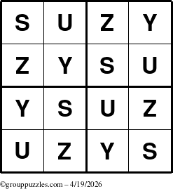 The grouppuzzles.com Answer grid for the Suzy puzzle for Sunday April 19, 2026