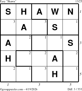 The grouppuzzles.com Easy Shawn puzzle for Sunday April 19, 2026 with all 3 steps marked