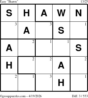 The grouppuzzles.com Easy Shawn puzzle for Sunday April 19, 2026 with the first 3 steps marked
