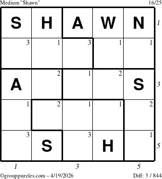 The grouppuzzles.com Medium Shawn puzzle for Sunday April 19, 2026 with all 3 steps marked
