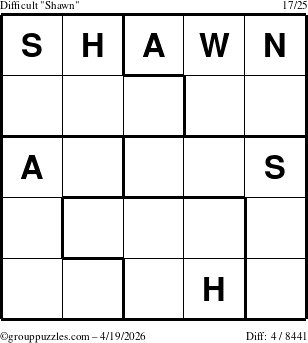 The grouppuzzles.com Difficult Shawn puzzle for Sunday April 19, 2026