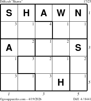 The grouppuzzles.com Difficult Shawn puzzle for Sunday April 19, 2026, suitable for printing, with all 4 steps marked
