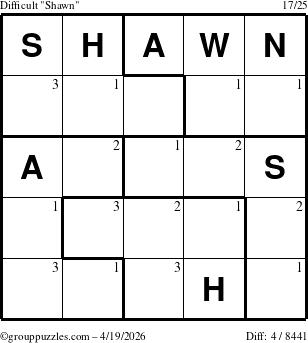 The grouppuzzles.com Difficult Shawn puzzle for Sunday April 19, 2026 with the first 3 steps marked