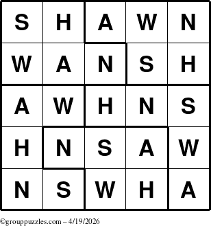 The grouppuzzles.com Answer grid for the Shawn puzzle for Sunday April 19, 2026