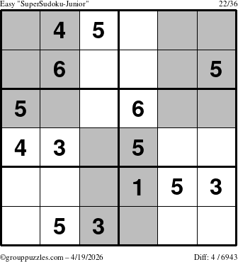 The grouppuzzles.com Easy SuperSudoku-Junior puzzle for Sunday April 19, 2026