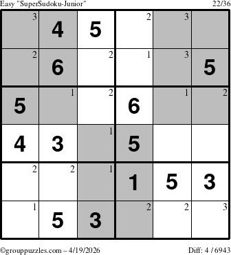 The grouppuzzles.com Easy SuperSudoku-Junior puzzle for Sunday April 19, 2026 with the first 3 steps marked