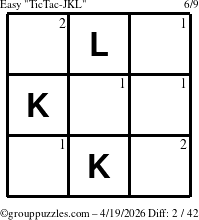 The grouppuzzles.com Easy TicTac-JKL puzzle for Sunday April 19, 2026 with the first 2 steps marked