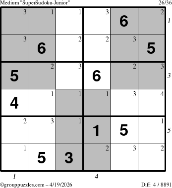 The grouppuzzles.com Medium SuperSudoku-Junior puzzle for Sunday April 19, 2026, suitable for printing, with all 4 steps marked