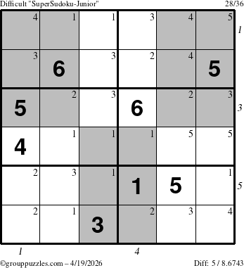 The grouppuzzles.com Difficult SuperSudoku-Junior puzzle for Sunday April 19, 2026 with all 5 steps marked