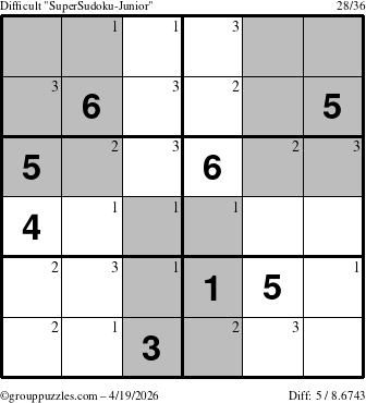 The grouppuzzles.com Difficult SuperSudoku-Junior puzzle for Sunday April 19, 2026 with the first 3 steps marked