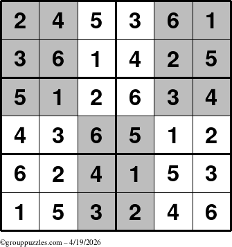 The grouppuzzles.com Answer grid for the SuperSudoku-Junior puzzle for Sunday April 19, 2026