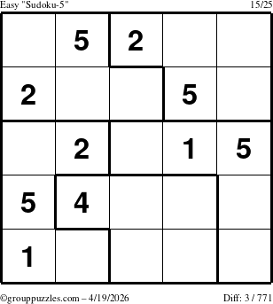 The grouppuzzles.com Easy Sudoku-5 puzzle for Sunday April 19, 2026