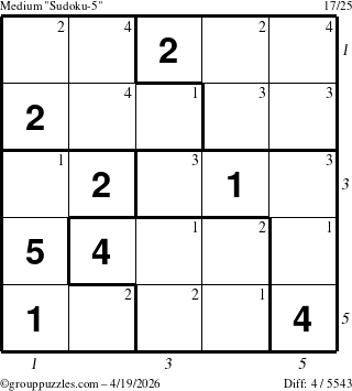 The grouppuzzles.com Medium Sudoku-5 puzzle for Sunday April 19, 2026, suitable for printing, with all 4 steps marked