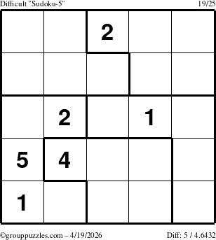 The grouppuzzles.com Difficult Sudoku-5 puzzle for Sunday April 19, 2026