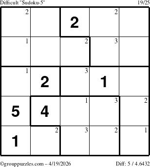 The grouppuzzles.com Difficult Sudoku-5 puzzle for Sunday April 19, 2026 with the first 3 steps marked