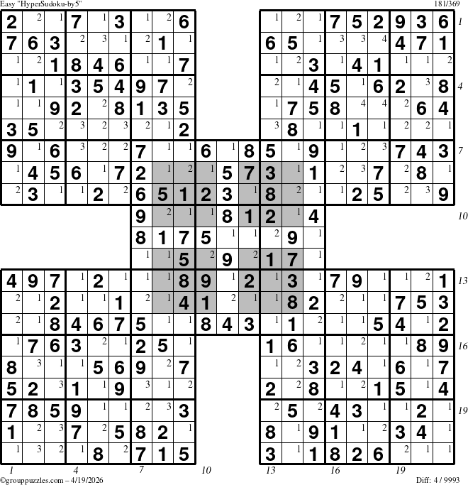 The grouppuzzles.com Easy HyperSudoku-by5 puzzle for Sunday April 19, 2026, suitable for printing, with all 4 steps marked