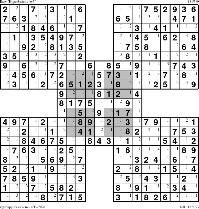 The grouppuzzles.com Easy HyperSudoku-by5 puzzle for Sunday April 19, 2026 with the first 3 steps marked