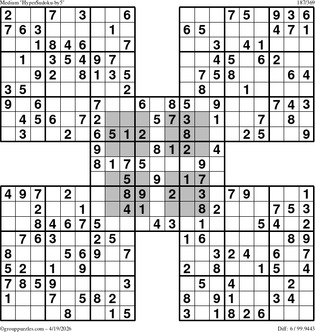 The grouppuzzles.com Medium HyperSudoku-by5 puzzle for Sunday April 19, 2026