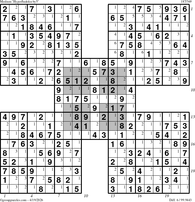 The grouppuzzles.com Medium HyperSudoku-by5 puzzle for Sunday April 19, 2026 with all 6 steps marked