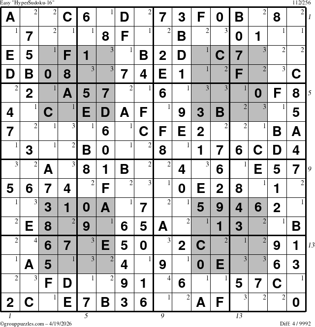 The grouppuzzles.com Easy HyperSudoku-16 puzzle for Sunday April 19, 2026 with all 4 steps marked