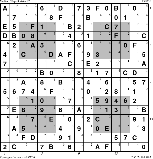 The grouppuzzles.com Medium HyperSudoku-16 puzzle for Sunday April 19, 2026, suitable for printing, with all 7 steps marked