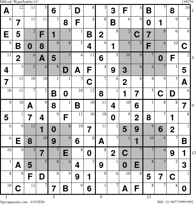 The grouppuzzles.com Difficult HyperSudoku-16 puzzle for Sunday April 19, 2026 with all 12 steps marked