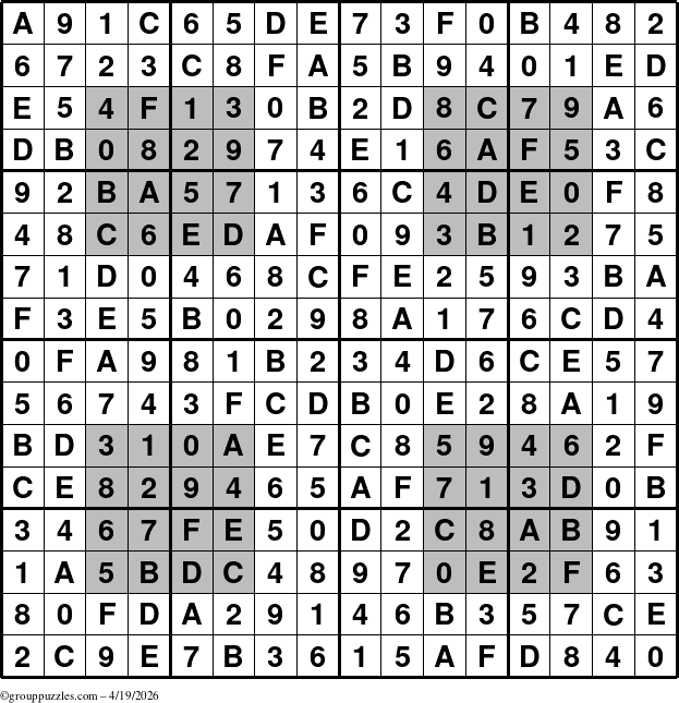 The grouppuzzles.com Answer grid for the HyperSudoku-16 puzzle for Sunday April 19, 2026