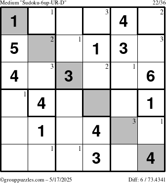 The grouppuzzles.com Medium Sudoku-6up-UR-D puzzle for Saturday May 17, 2025 with the first 3 steps marked