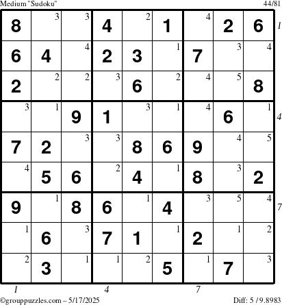 The grouppuzzles.com Medium Sudoku puzzle for Saturday May 17, 2025 with all 5 steps marked