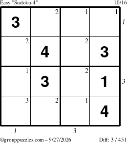 The grouppuzzles.com Easy Sudoku-4 puzzle for Sunday September 27, 2026, suitable for printing, with all 3 steps marked