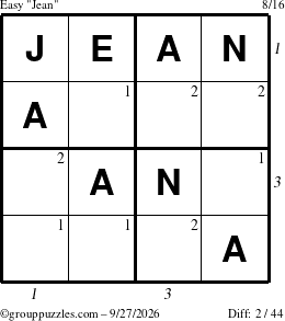 The grouppuzzles.com Easy Jean puzzle for Sunday September 27, 2026, suitable for printing, with all 2 steps marked