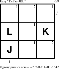 The grouppuzzles.com Easy TicTac-JKL puzzle for Sunday September 27, 2026 with all 2 steps marked