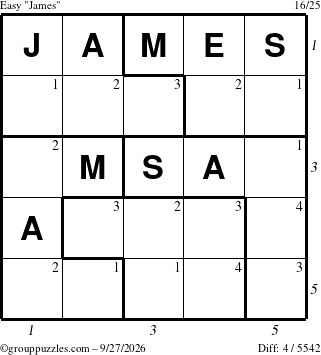 The grouppuzzles.com Easy James puzzle for Sunday September 27, 2026, suitable for printing, with all 4 steps marked