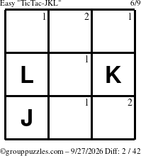 The grouppuzzles.com Easy TicTac-JKL puzzle for Sunday September 27, 2026 with the first 2 steps marked