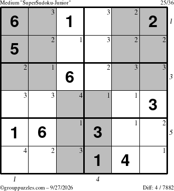 The grouppuzzles.com Medium SuperSudoku-Junior puzzle for Sunday September 27, 2026, suitable for printing, with all 4 steps marked