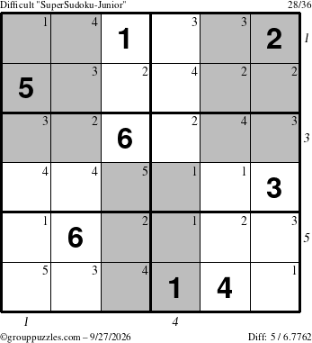 The grouppuzzles.com Difficult SuperSudoku-Junior puzzle for Sunday September 27, 2026 with all 5 steps marked