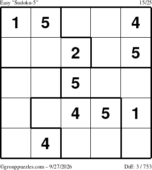 The grouppuzzles.com Easy Sudoku-5 puzzle for Sunday September 27, 2026