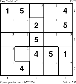 The grouppuzzles.com Easy Sudoku-5 puzzle for Sunday September 27, 2026, suitable for printing, with all 3 steps marked
