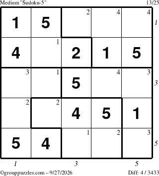 The grouppuzzles.com Medium Sudoku-5 puzzle for Sunday September 27, 2026, suitable for printing, with all 4 steps marked