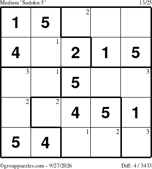 The grouppuzzles.com Medium Sudoku-5 puzzle for Sunday September 27, 2026 with the first 3 steps marked