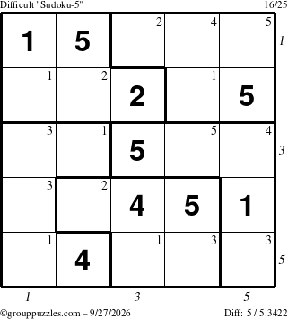 The grouppuzzles.com Difficult Sudoku-5 puzzle for Sunday September 27, 2026 with all 5 steps marked