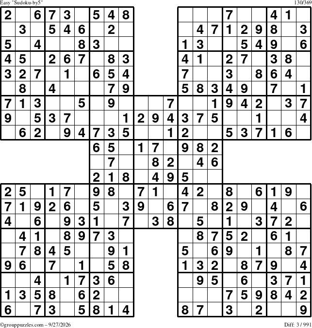 The grouppuzzles.com Easy Sudoku-by5 puzzle for Sunday September 27, 2026