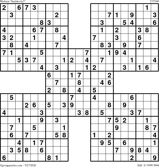 The grouppuzzles.com Medium Sudoku-by5 puzzle for Sunday September 27, 2026