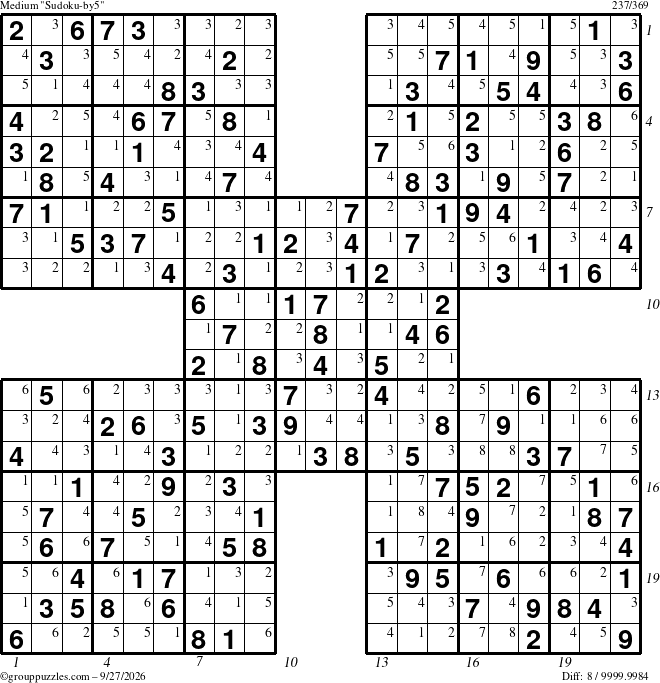 The grouppuzzles.com Medium Sudoku-by5 puzzle for Sunday September 27, 2026 with all 8 steps marked